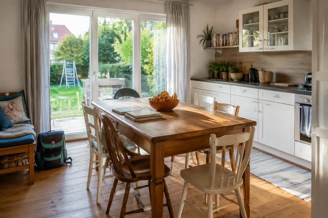 Helle alltagstaugliche Wohnküche mit Esstisch, Gartenblick, Büchern und Schultasche