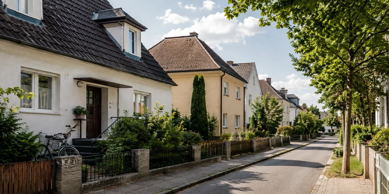 Österreichische Wohnstraße mit Familienhäusern, Gärten und einem Fahrrad