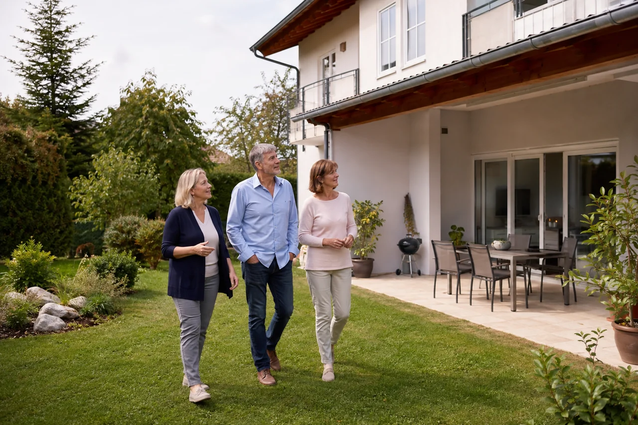 Eigentümerpaar und leger gekleidete Immobilienberaterin gehen durch den Garten eines Familienhauses